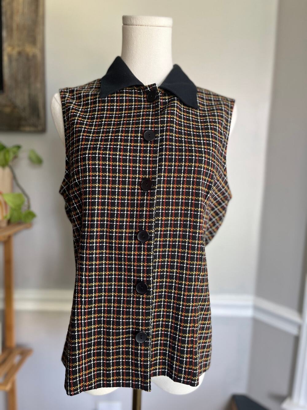 Vintage 90s Plaid Sleeveless Blouse Button Front Knit Size Medium